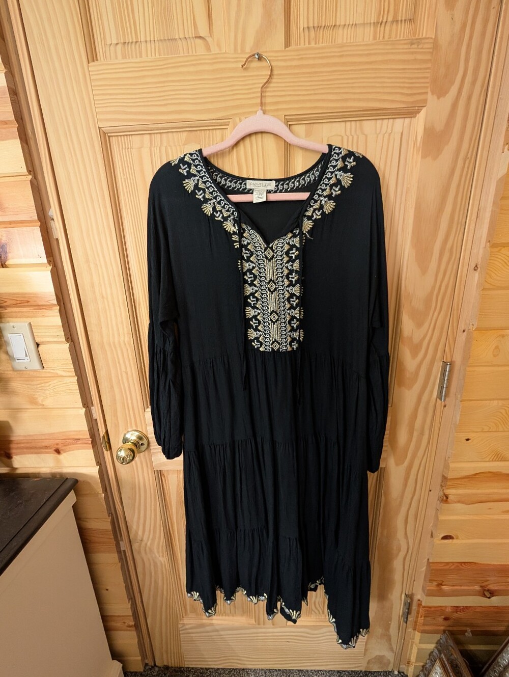 Womens Rachel Zoe Black Embroidered V-Neck Boho Midi Dress